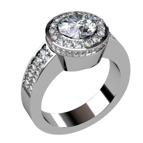 Round Diamond Halo Engagement Ring Double Row Shank Diamonds