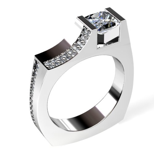 Modern Off-Center Princess Diamond with Split Pave Side Diamonds