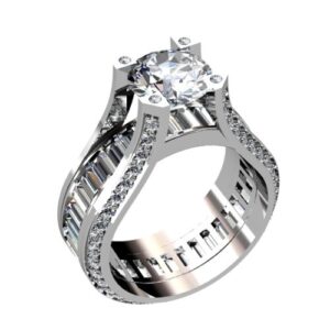 Bridged diamond ring with channel set diamond baguettes