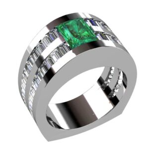 Modern Emerald and Diamond Ring Double Row Baguette Diamonds